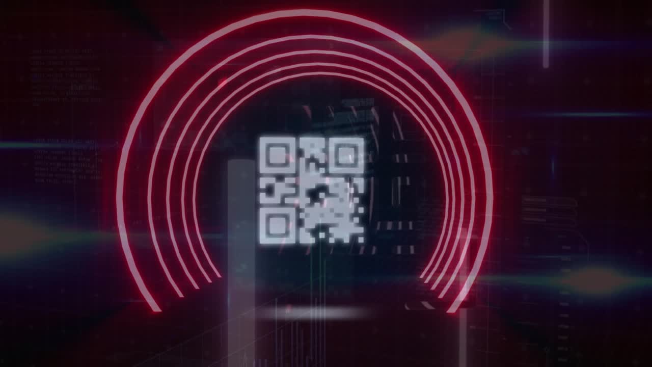Animation of qr code in red tunnel with lens flare and bar graphs over abstract background