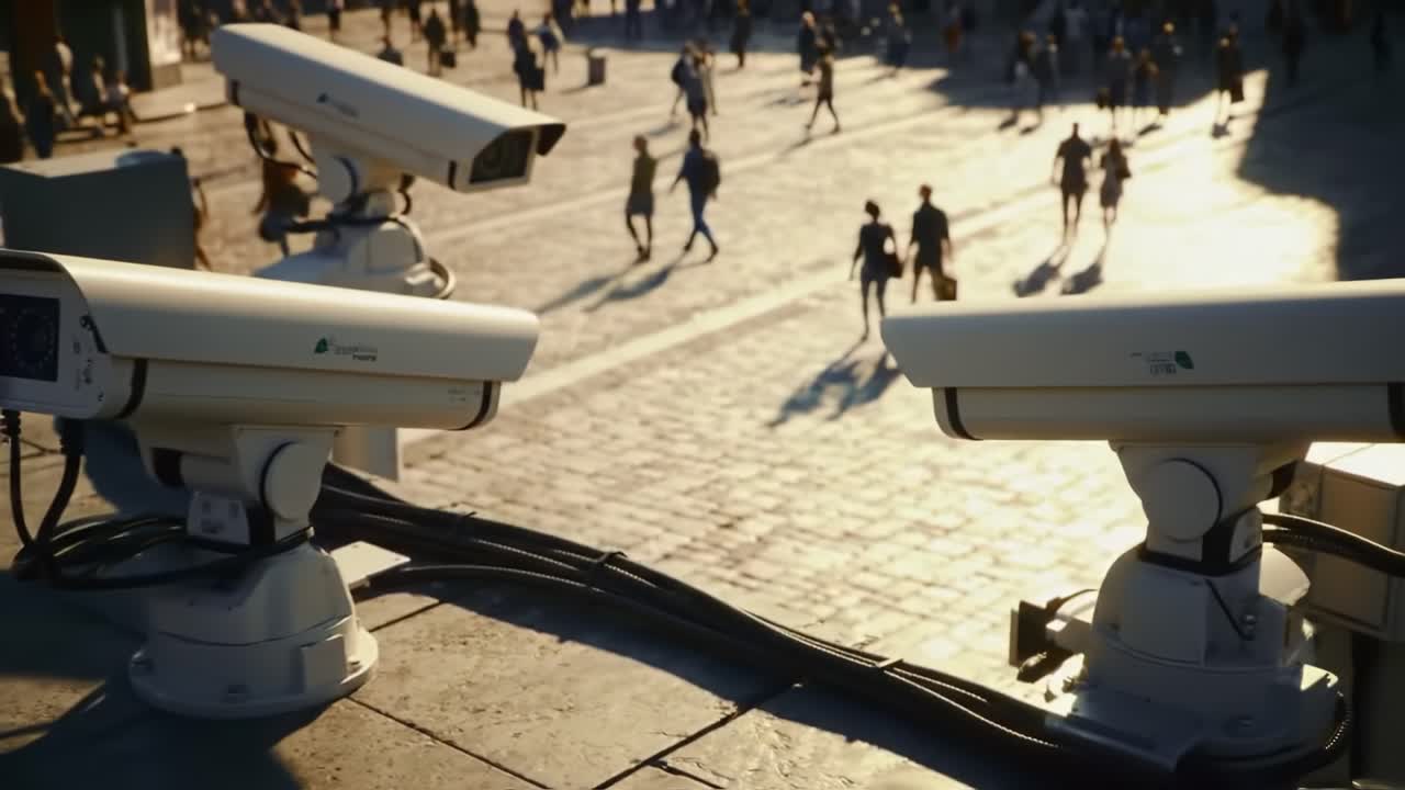 Surveillance Cameras Overlook Busy Public Space with Pedestrians Walking by in Sunlit Urban Setting, Highlighting Modern Security Measures and City Life Dynamics