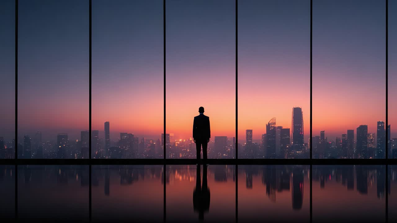 Una figura solitaria contempla el paisaje urbano al anochecer, rodeada de paredes de cristal que reflejan el encantador atardecer sobre la ciudad.