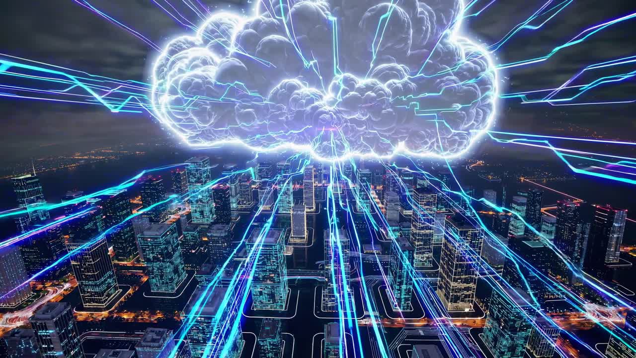 Aerial view of a cityscape with a glowing cloud and neon lines, creating a futuristic, digital