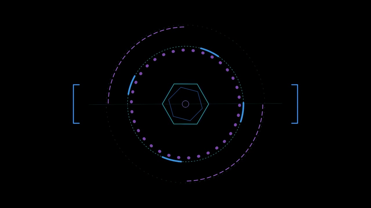 Futuristic Digital HUD Interface with Rotating Hexagon and Circular Elements