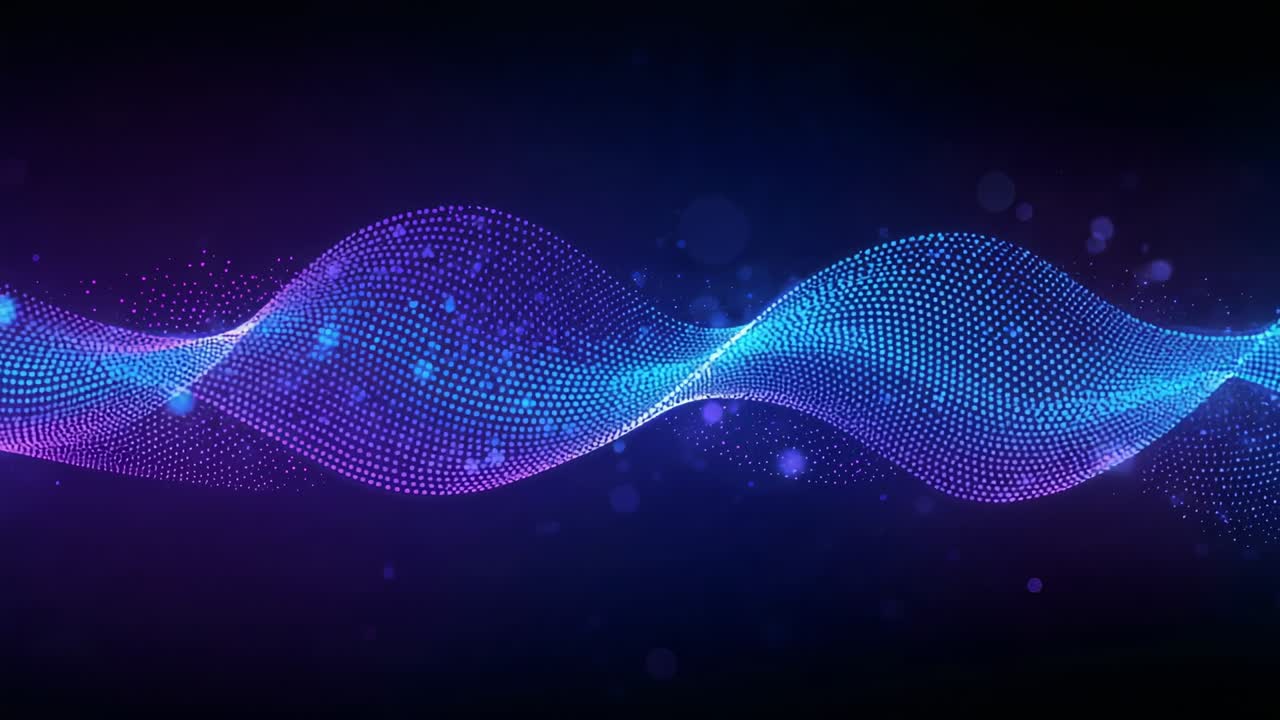 Glowing dotted wave oscillating across navy backdrop, crest moving right causing particles glowing