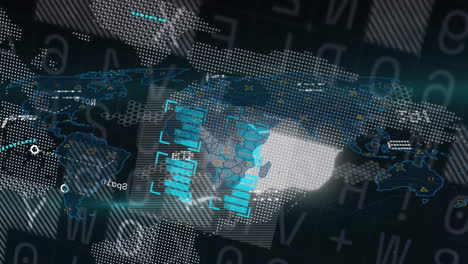 digital world map with data processing animation and network connections