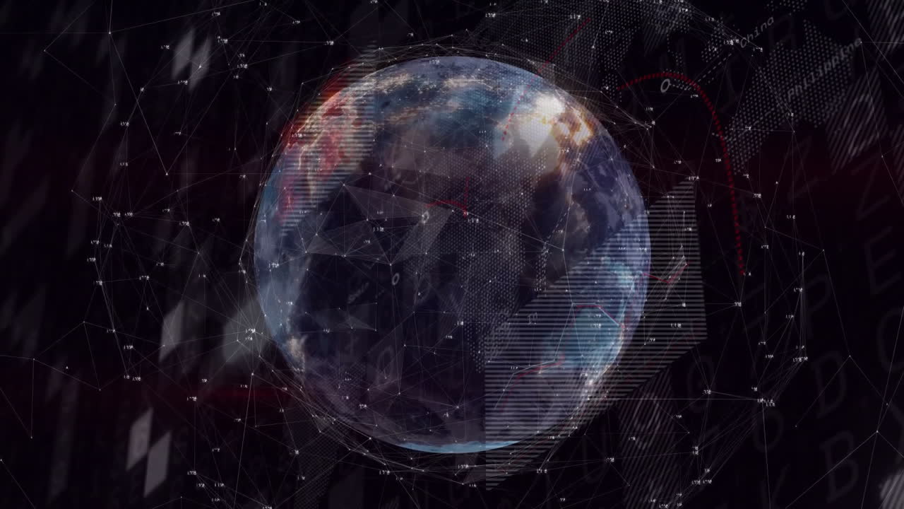 Digital network and data processing animation surrounding Earth in space