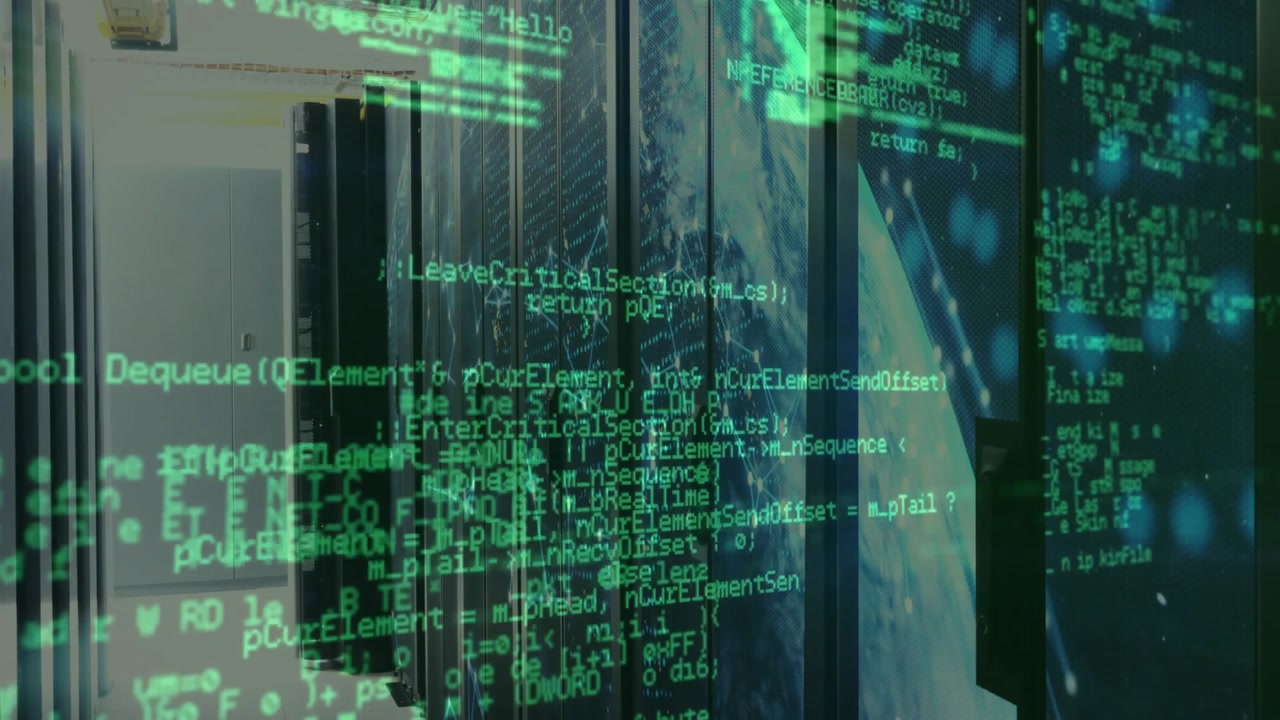 Code appearing on racks scrolling functions and camera panning visualizing network processes