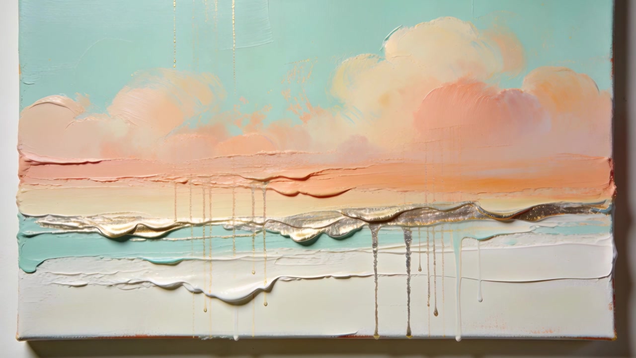 Showing stretched canvas pulling impasto paint down as medium settling forming gold drips in studio