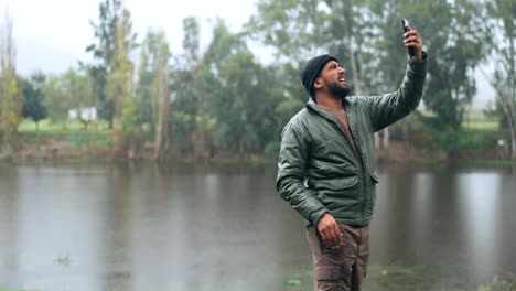 network, forest and man with bad phone signal
