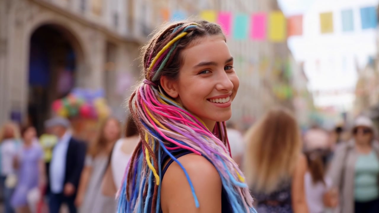 Jovem mulher com dreadlocks multicoloridos sorrindo em meio a rua europeia movimentada decorada com bandeirolas coloridas