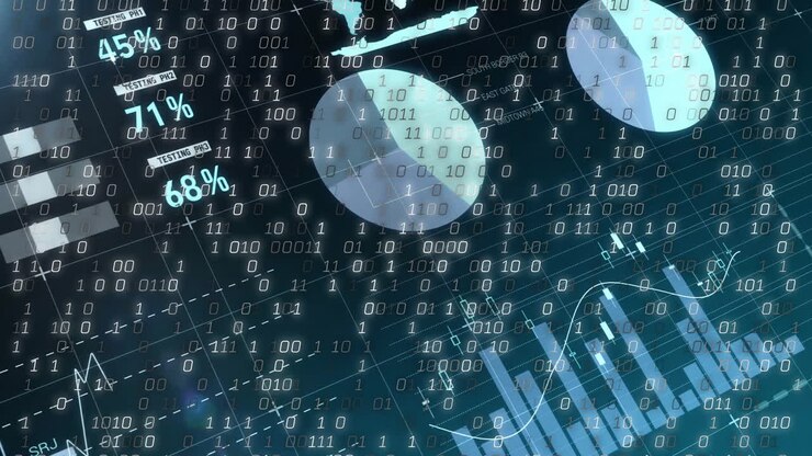 Animation of binary code and data analytics overlaying charts and graphs in school