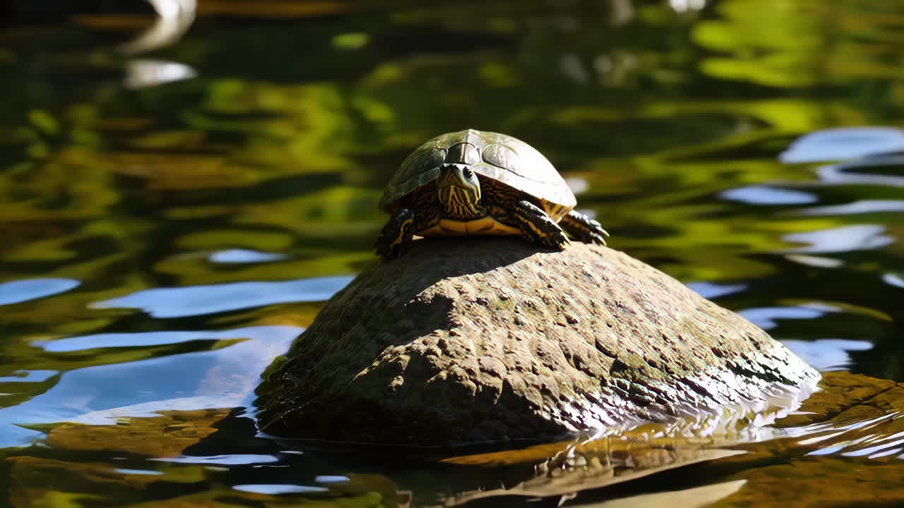 A turtle resting on a rock in the water