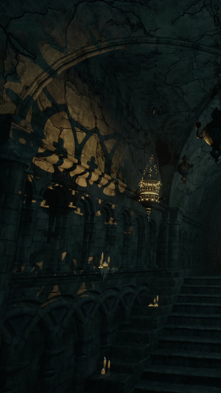 Light shines through arches in dark castle hall near staircase