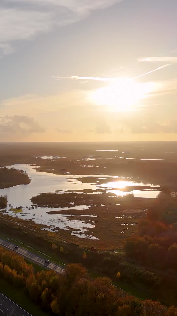Aerial view of a wetland at sunset