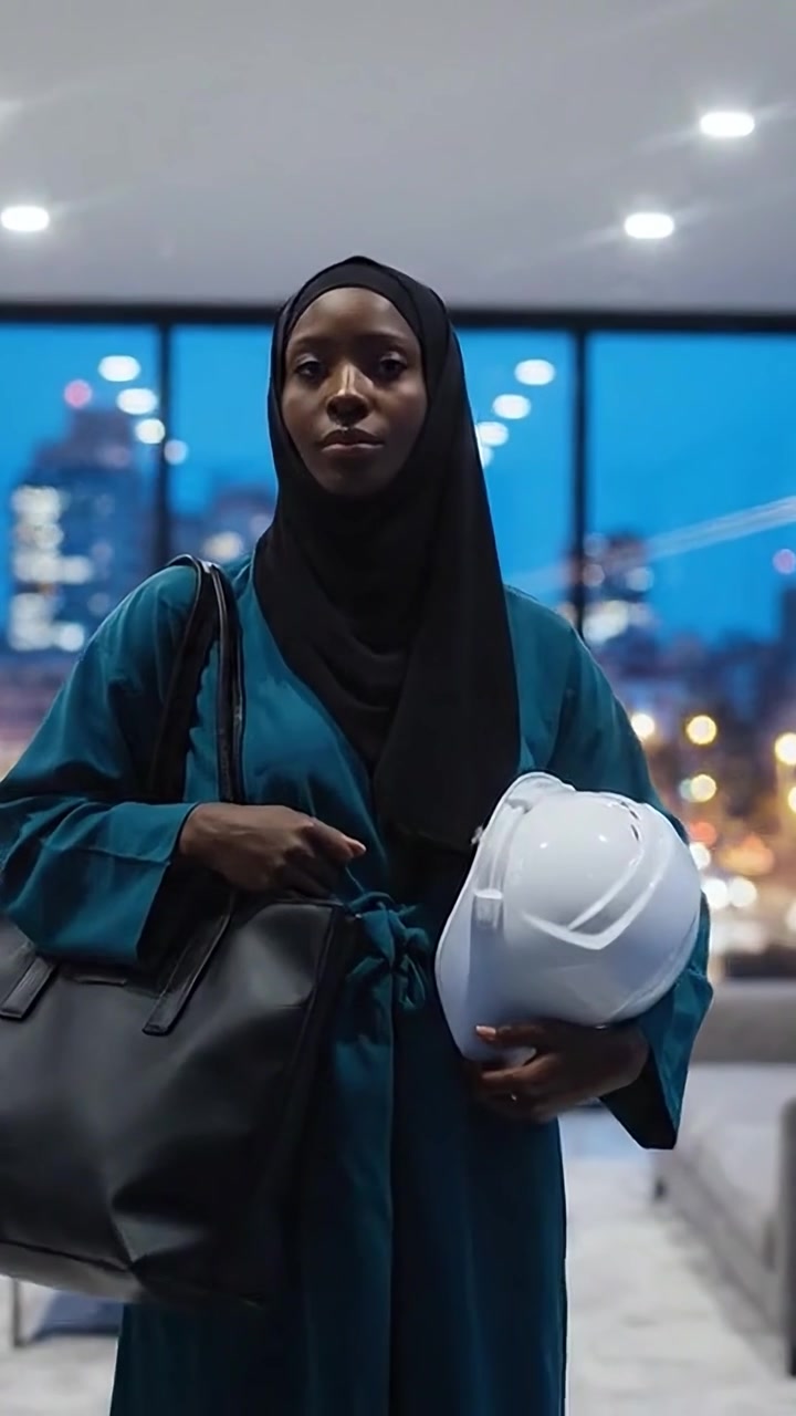 Una donna professionista in un ambiente moderno con cappello e borsa, che mostra sicurezza e stile contro uno skyline cittadino al crepuscolo.