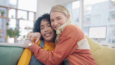 couple of friends, hug and women on couch