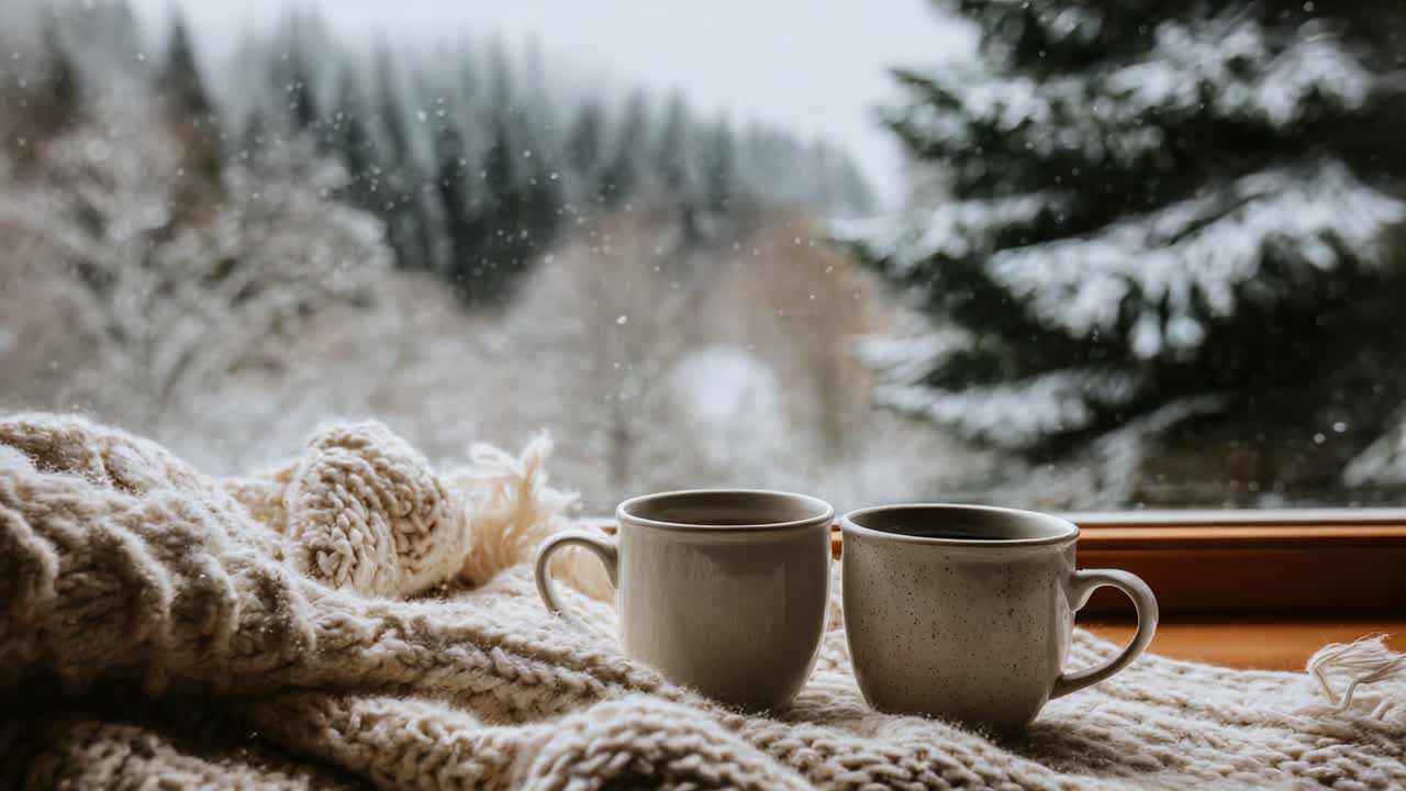 Una scena invernale accogliente con due tazze calde di caffè su una morbida coperta lavorata a maglia, accanto a una finestra brinata con una vista di una foresta innevata sullo sfondo.