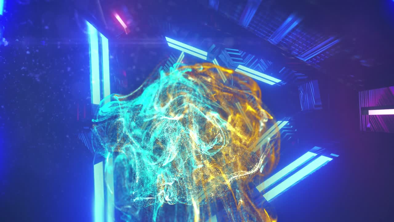 animación de un patrón dinámico de humo sobre un túnel triangular contra un fondo abstracto