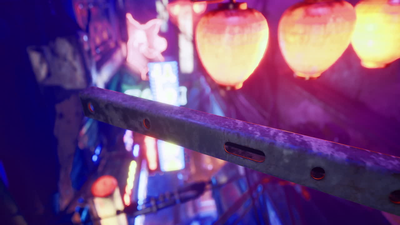 Colorful lanterns illuminate a bustling street in a vibrant market at night