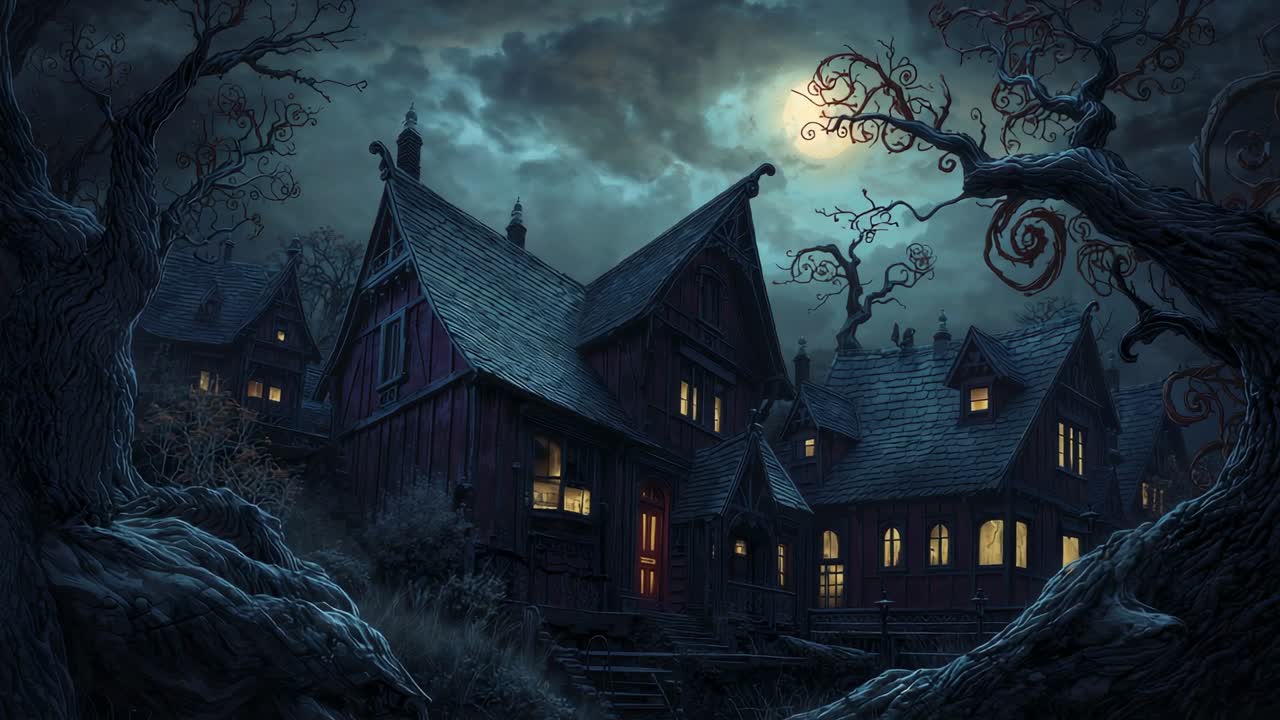 Rising full moon casting pale light on gothic mansion in forest clearing, with warm lit windows