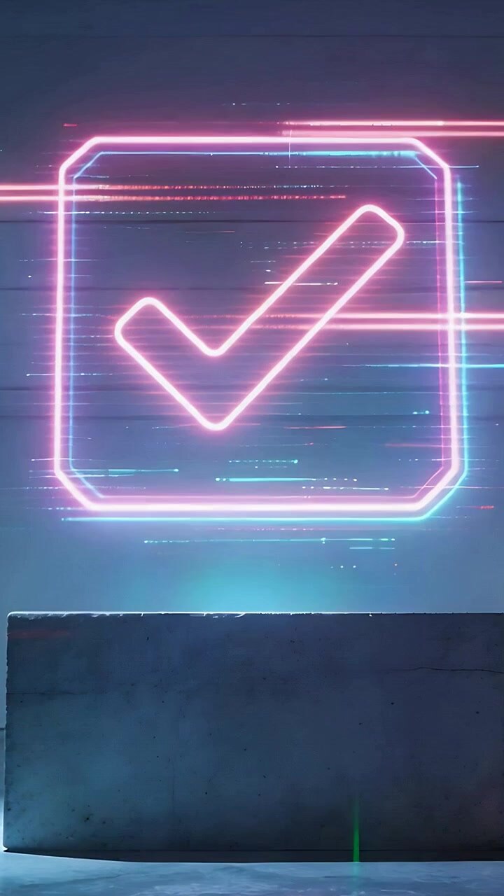 Vertical video: Scan lines making neon check floating above concrete base in studio