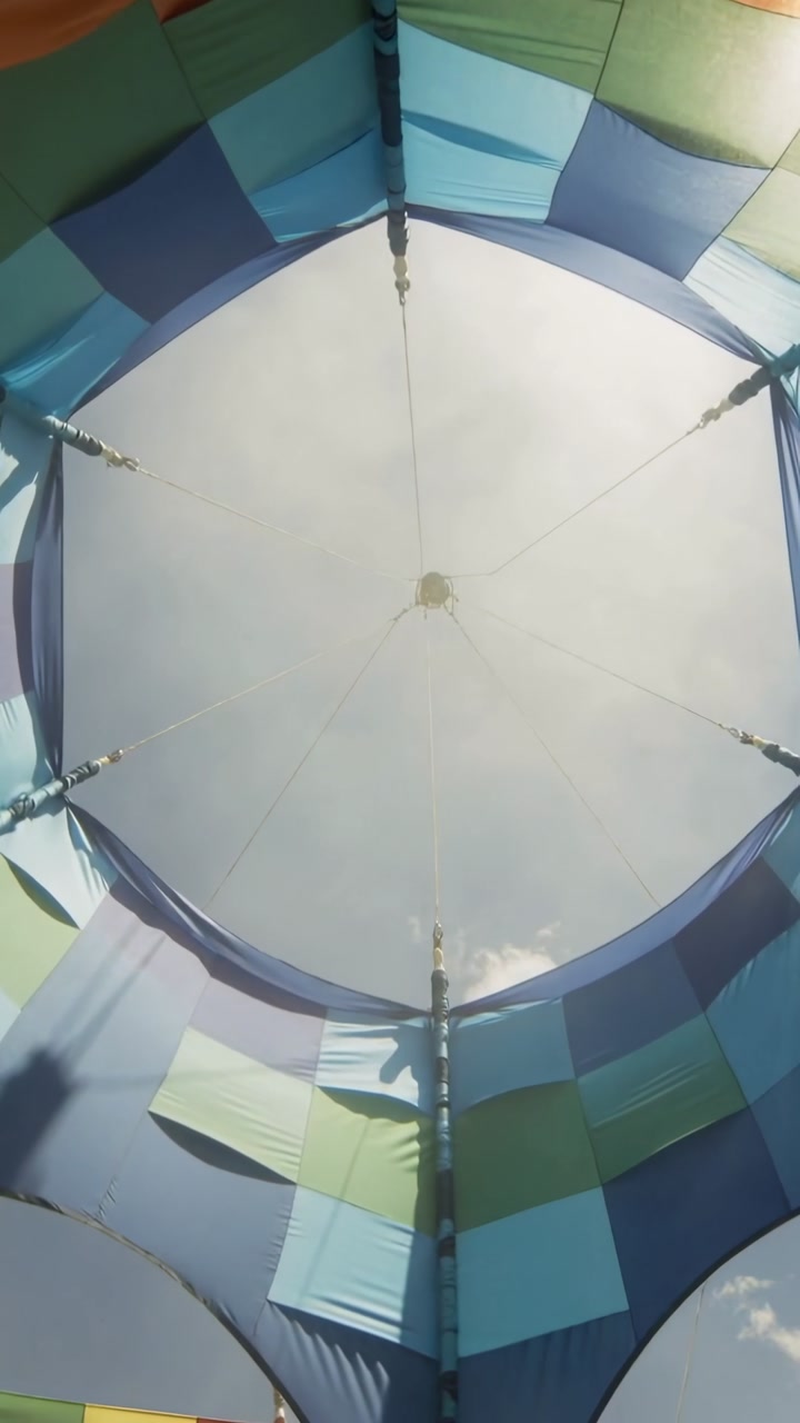 Multi-panel canopy fluttering overhead in event design, light breeze causing shadow and cloud drift