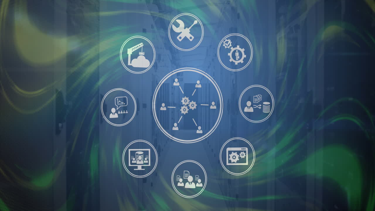 animación digital de una red de iconos digitales a través de ondas digitales contra una sala de servidores vacía