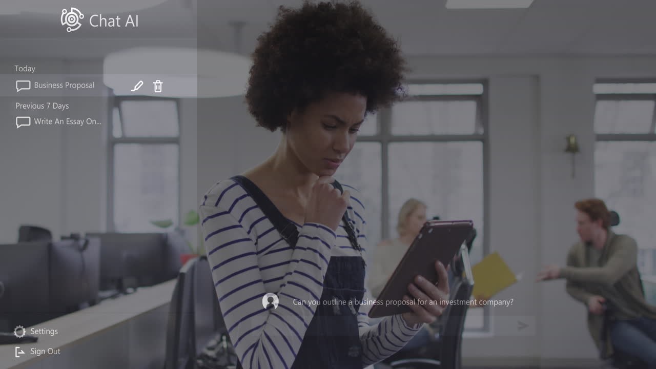 Chat ai logo and conversation text over happy biracial casual businesswoman using tablet