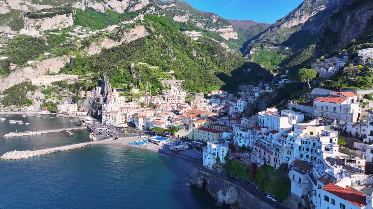 Amalfi Coast At Amalfi In Salerno Italy. Beach Landscape. Tourism Landmark. Amalfi Coast At Salerno Italy. Gulf Of Salerno Skyline. Coastal Cityscape. Mediterranean Sea Skyline. Paradise Landscape.