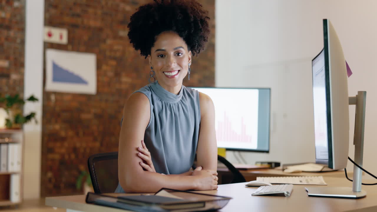 Business woman, face and smile at computer