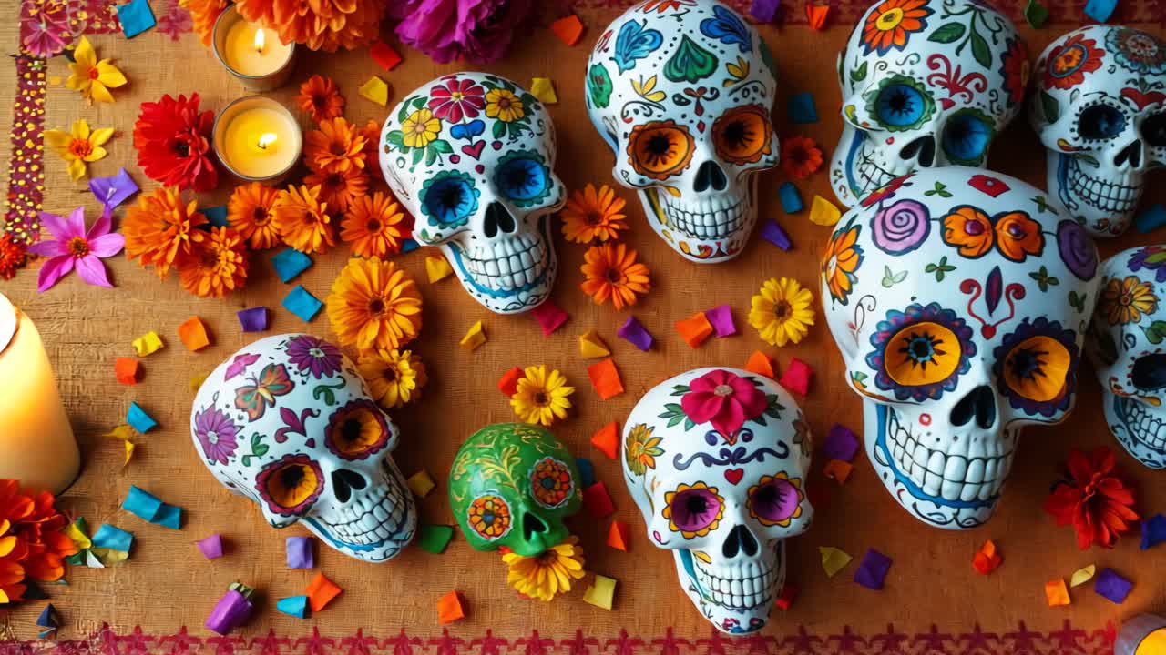calaveras de azúcar y flores para el día de los muertos