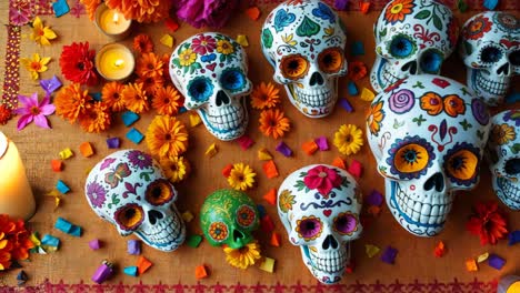 sugar skulls and flowers for day of the dead