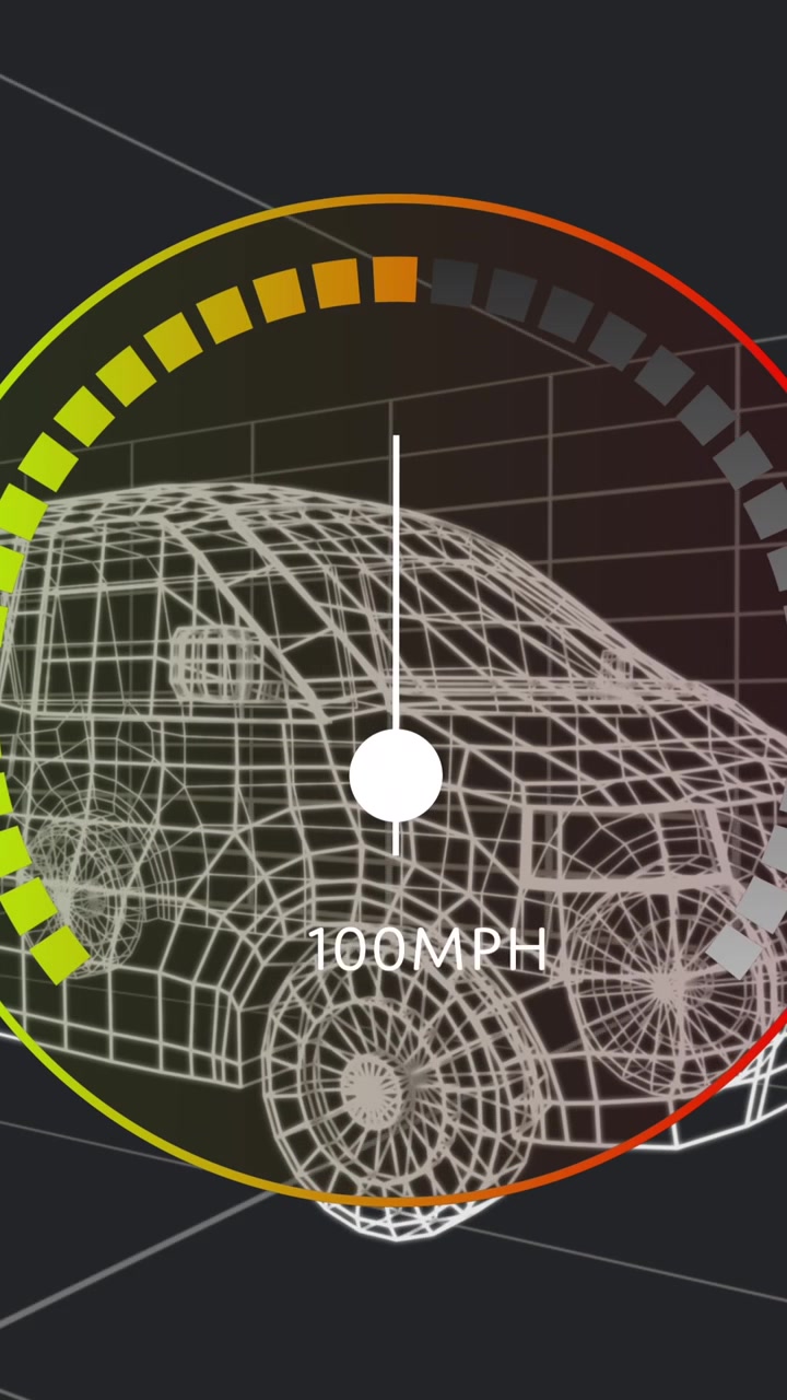 Animation of speed gauge and data processing over 3d drawing of car