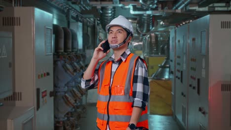 side view of asian male engineer with safety helmet talking on smartphone while standing in engine control room, work of electrical generators