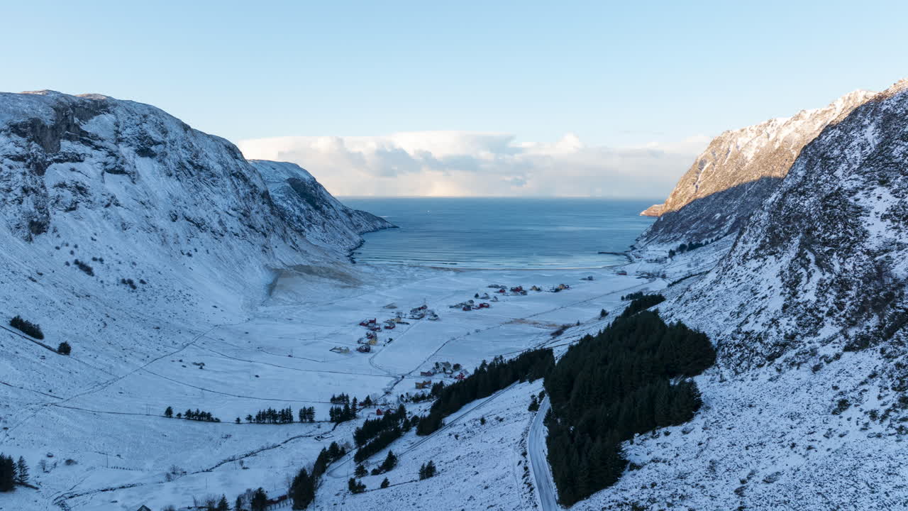 Aerial view of the road down to famous surfing spot Hoddevik