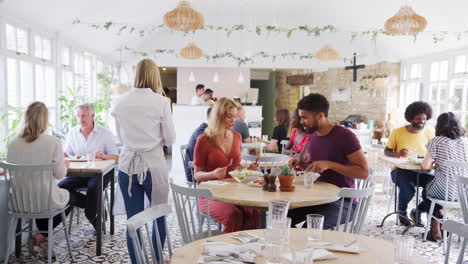 general view of a busy restaurant dining room at lunch time, back view of a waitress walking through to take an order to a table
