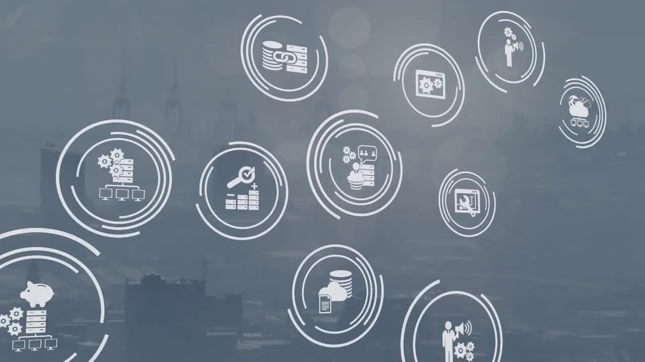 Animation of icon in circles over aerial view of fog covered modern cityscape in background
