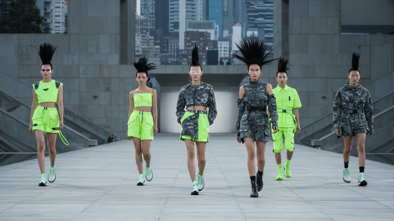Futuristic Fashion Showcase: A Group of Models Struts Down the Runway in Bold Neon Outfits with Dramatic Hairstyles Against a Modern City Backdrop