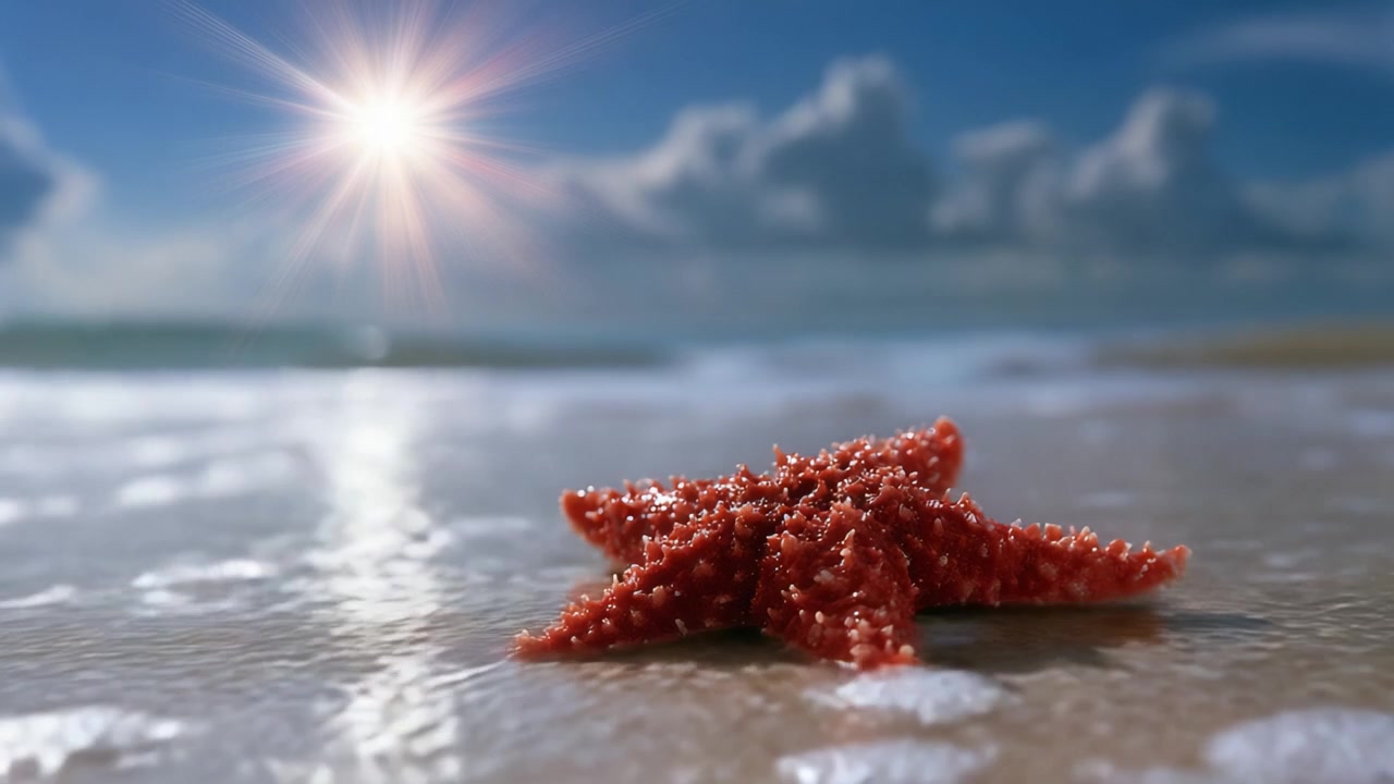 Una vista accattivante di una stella marina su una spiaggia sabbiosa mentre la luce del sole danza sulla superficie dell'acqua, creando una serena scena costiera.