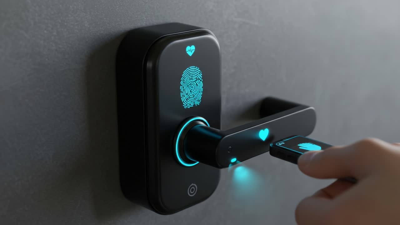 Exploring Smart Lock Technology: A Close-Up View of a Fingerprint-activated Door Lock with Heartbeat Indicators on the Handle