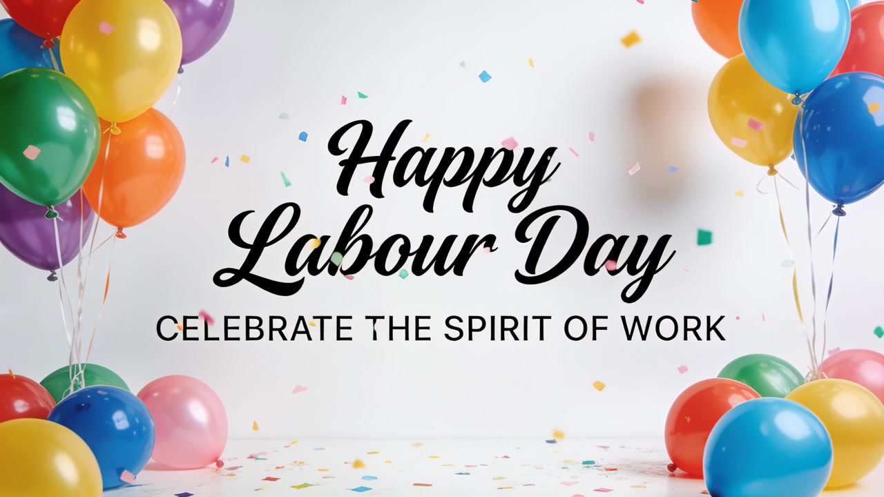 Animazione centrata di un augurio di "Buona Festa del Lavoro" e un sottotitolo, con coriandoli che cadono tra palloncini da studio.
