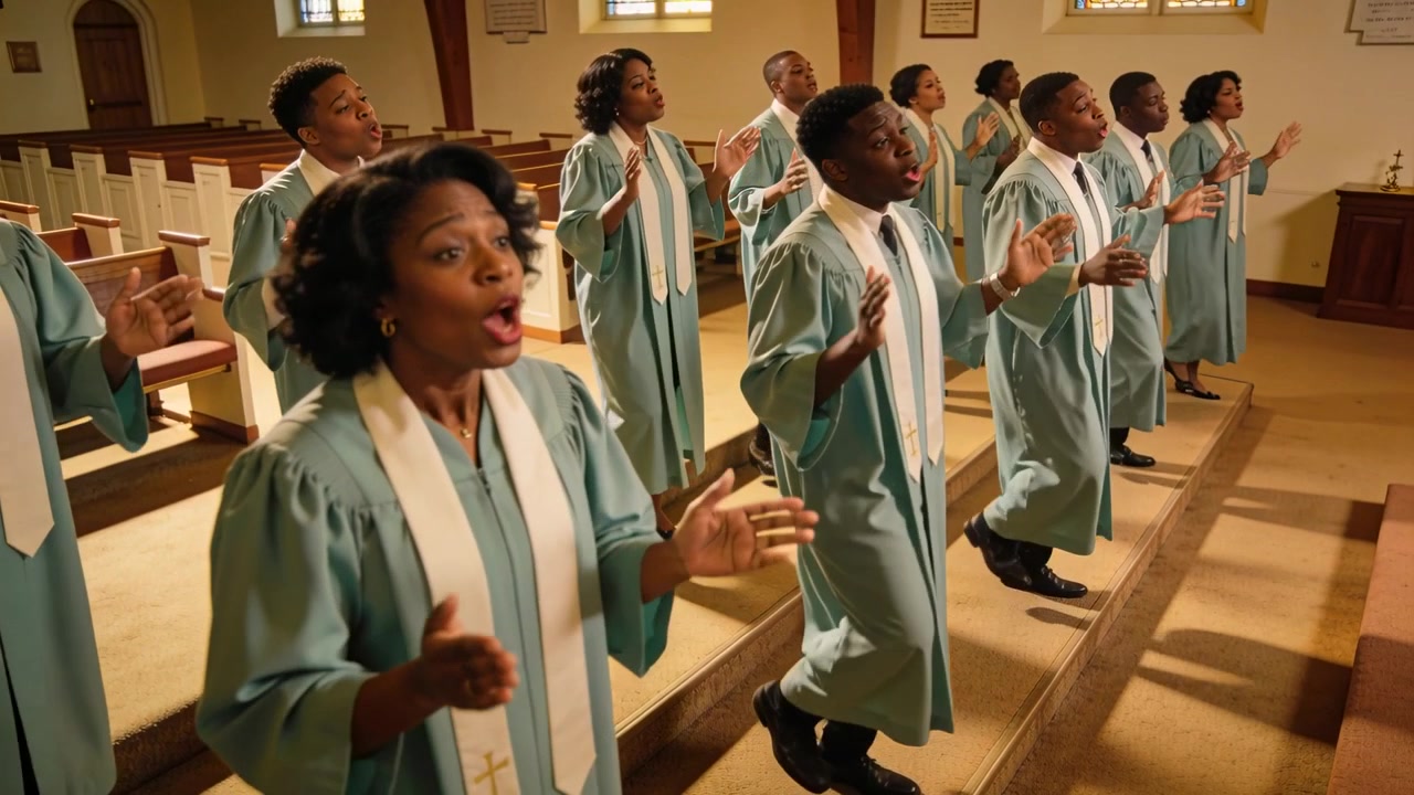 Singing lead singer starting note urging choir clap lift hands for worship robes stoles, copy space