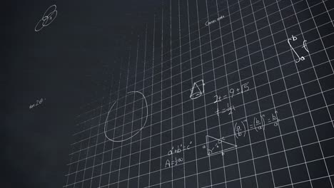 animation of mathematical equations floating over grid network against black background