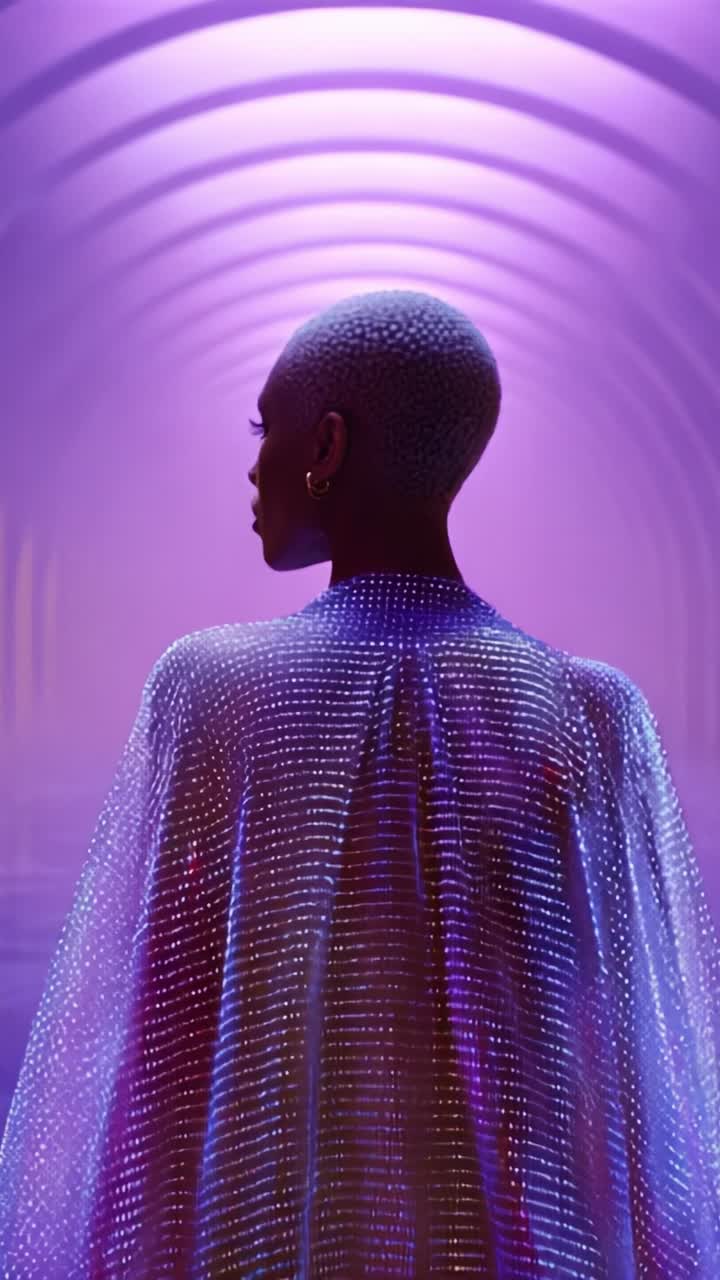 A Mysterious Figure in a Radiant Cape Stands in a Dreamlike Purple Corridor, Captivating the Essence of Elegance and Enigma in a Stunning Visual Journey