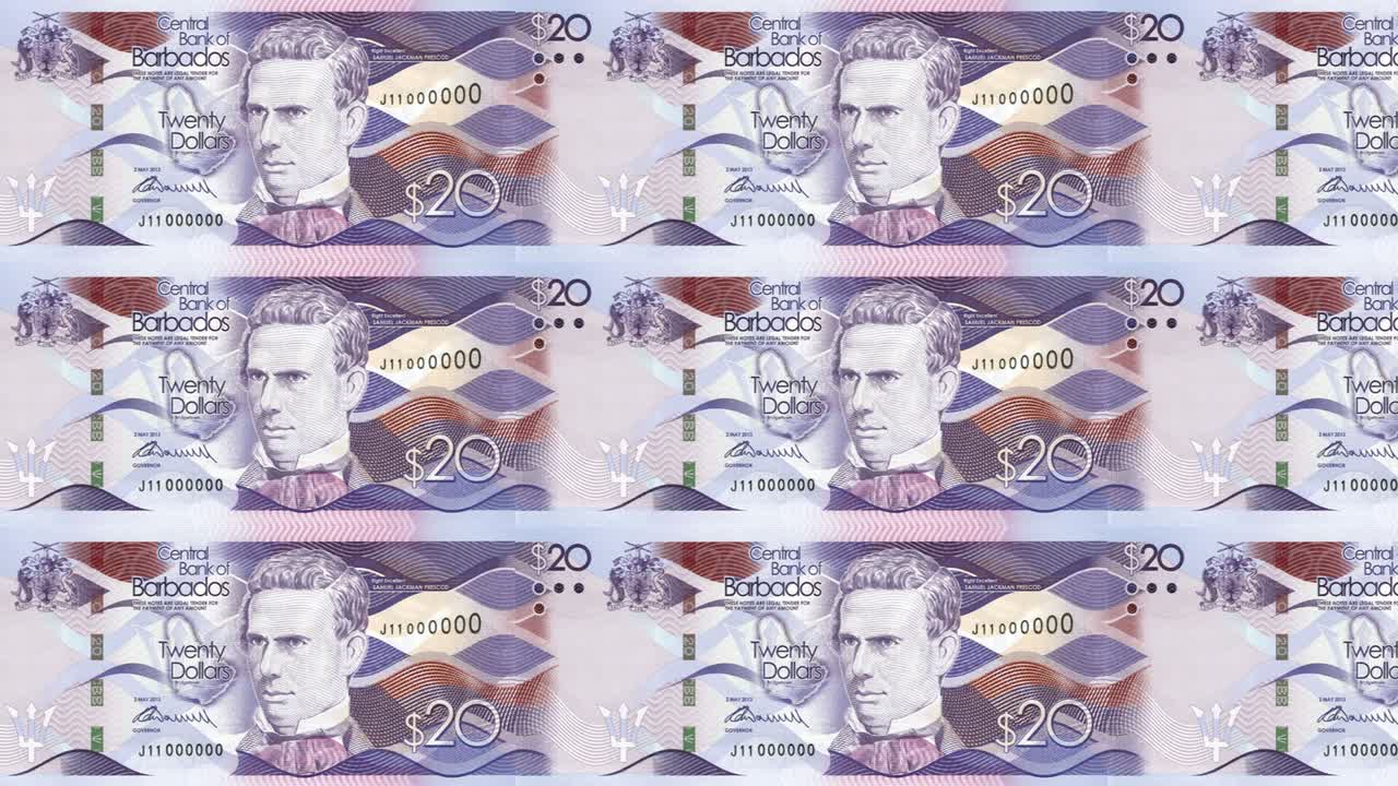 바르바도스 섬의 20 달러 지폐 롤링, 현금, 루프