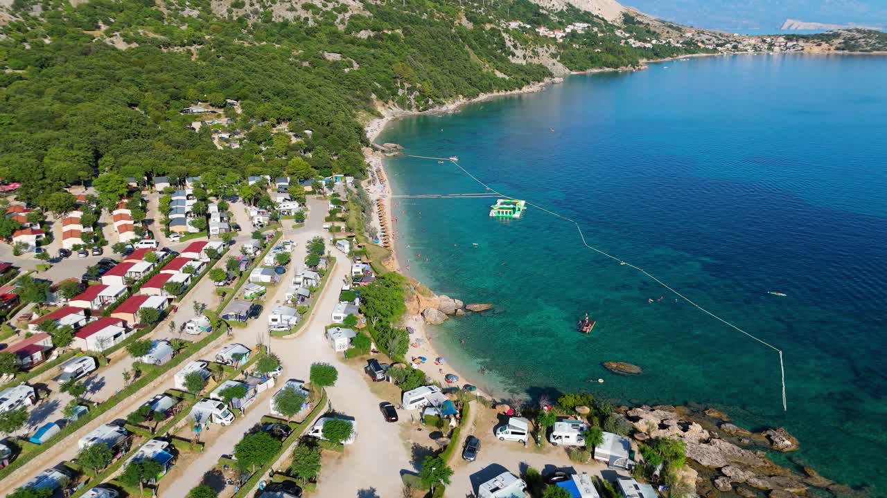 Campsite at Campig Skrila, Krk Island, Stara Baska Croatia, Aerial View of the Mountains and Coast With Boats, Beaches and Adriatic Sea. The Seaside Rv Campmobiles on a Summer Beautiful Coastline