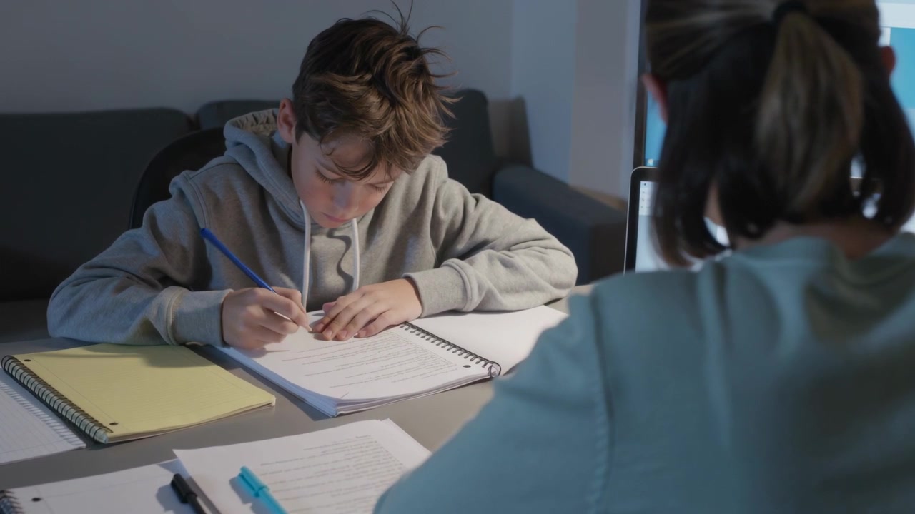 Adolescente con felpa leggera chinato nello studio di casa, la penna che tocca la pagina di un quaderno mentre inizia a fare i compiti.