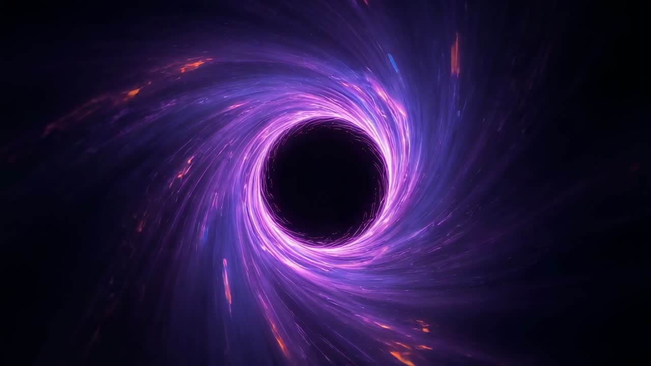 Starting purple-pink gas streams spiraling around dark core in space, with orange and blue sparks