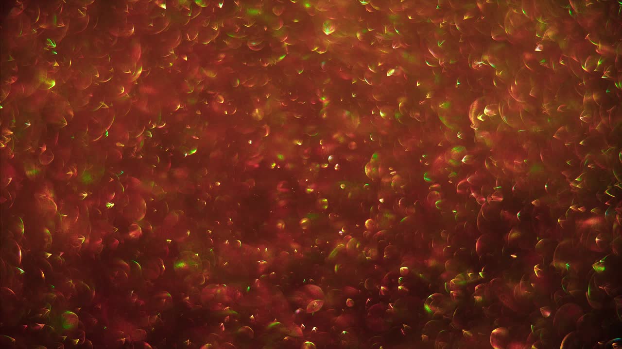 Sfondo astratto glitterato rosso-oro con movimento caotico di bolle. Rotazione di sfere, moto browniano molecolare astratto