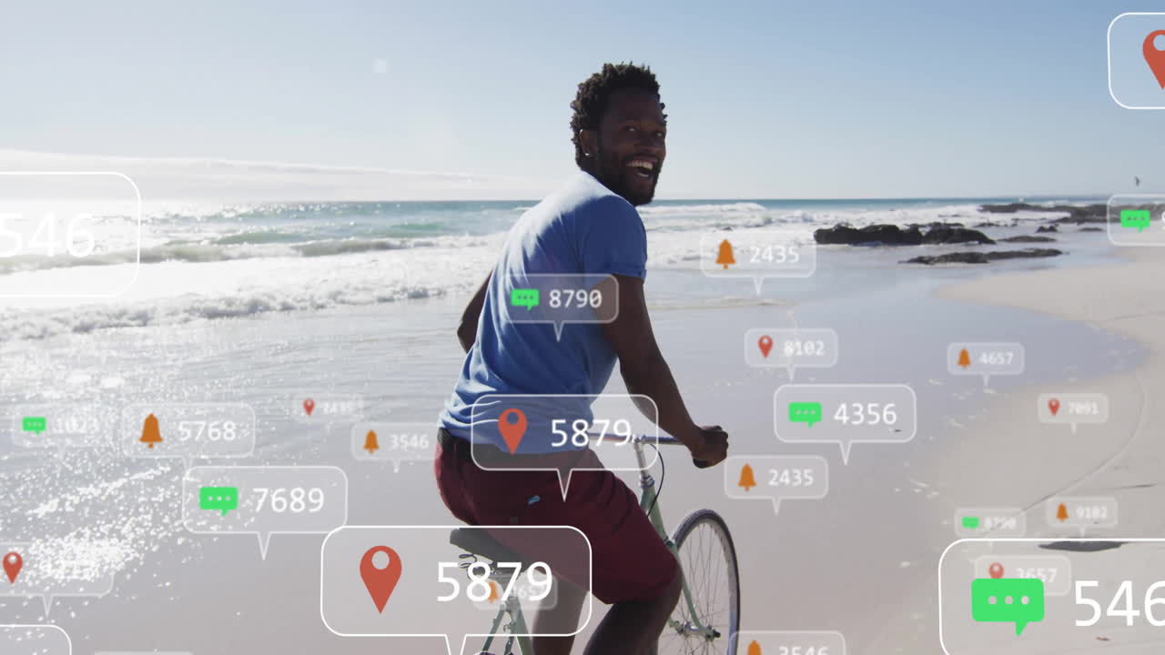 Cyclist riding bike at shoreline, displaying floating marketing message bubbles and alert icons