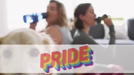 animation of pride over blurred lesbian couple drinking water