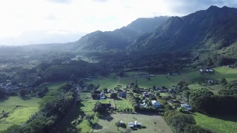 Tranquil-Village-In-The-Meadows-By-The-Mountain-Ridge-On-A-Sunny-Morning-In-Kilauea,-Hawaii---aerial-drone